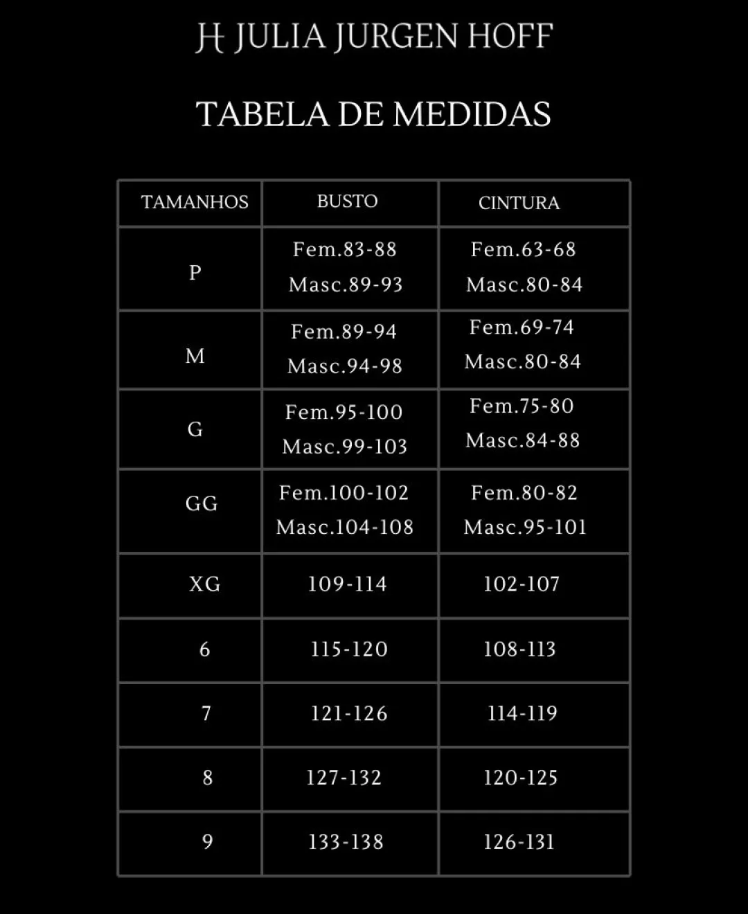 Tabela de Medidas